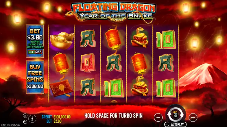 Floating Dragon Year of the Snake spin 1 - CREDIT $100,000.00, BET $2.00, lanterns and royals on reels