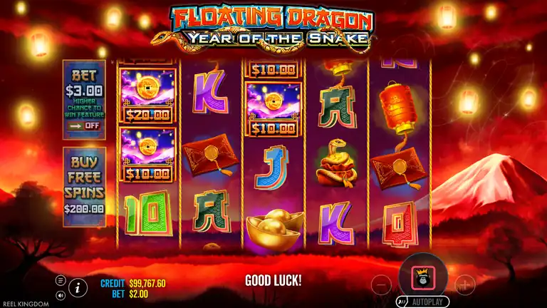 Floating Dragon Year of the Snake gameplay at $2.00 bet with coin symbols visible