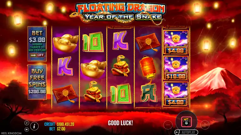 Floating Dragon Year of the Snake spin 1659 - CREDIT $100,451.20, coin symbols (4x/10x/4x) on reel 5, BET $2.00
