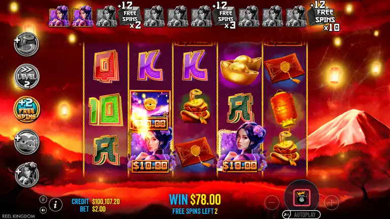 Floating Dragon Year of the Snake FREE SPINS in progress - Lady Wild symbols on all reels, Level 2 multiplier active, WIN $78.00 with FREE SPINS LEFT 2