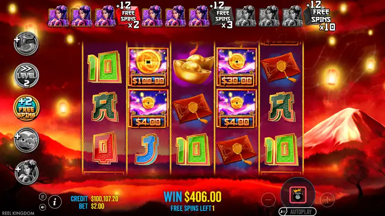 Floating Dragon Year of the Snake FREE SPINS result - WIN $406.00, coin symbols (100x, 30x, 4x, 4x) collected, FREE SPINS LEFT 1, CREDIT $100,107.20