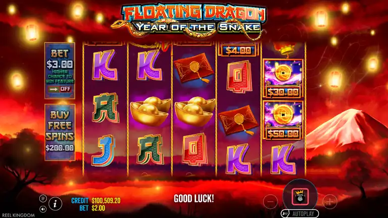 Floating Dragon Year of the Snake peak balance $100,509.20, coin symbols (4x, 30x, 50x) on reel 5, BET $2.00